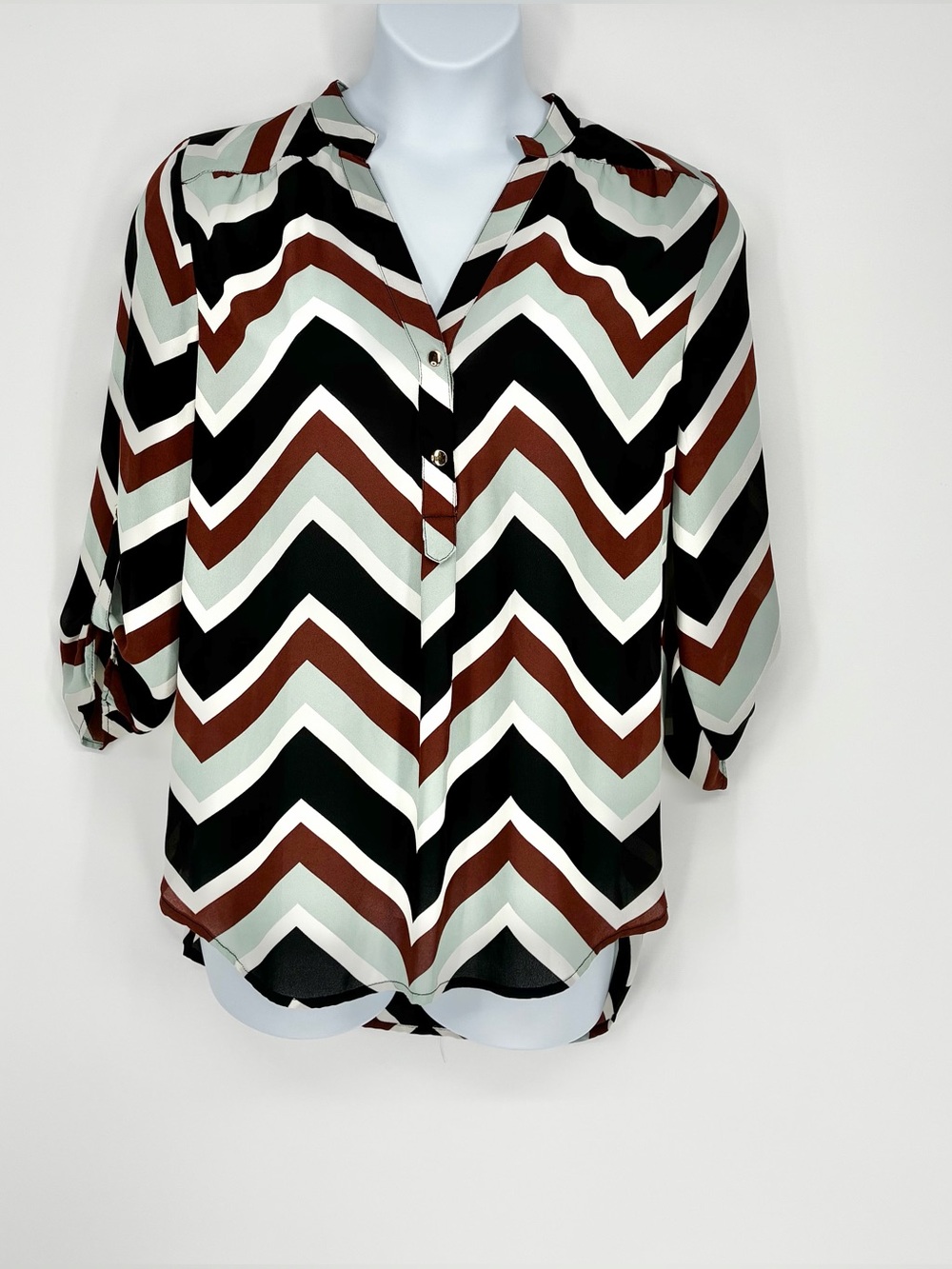 Tacera Chevron Zig Zag Chiffon Roll Tab Sleeve Henley Blouse Shirt Brown Size L